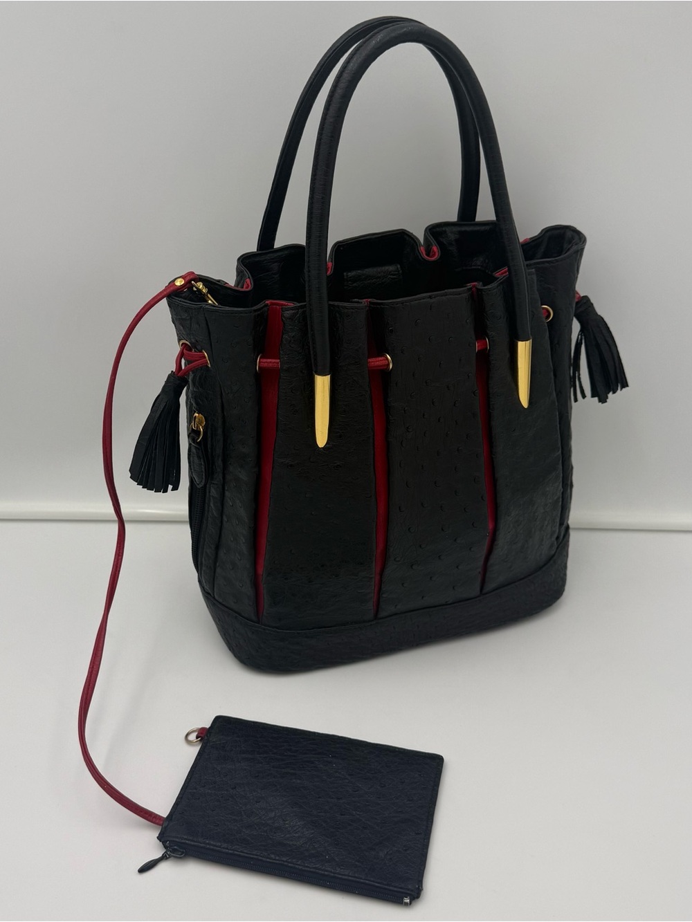 SANPŌ • Black & Red Exotic Genuine OSTRICH Bucket Bag w/ Pouch • Made in JAPAN - Picture 3 of 16
